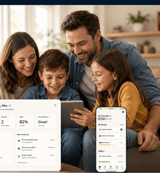 A smiling family gathered around a tablet together, representing the connected daily life Kinforge Family supports.